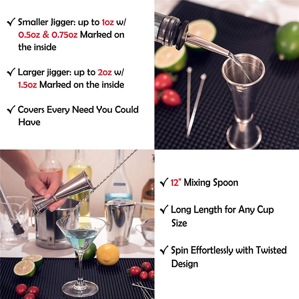 Cocktail Shaker Bar Set: 2 Weighted Boston Shakers,Cocktail Strainer Set,Jigger,Muddler and Spoon, Ice Tong and 2 Bottle Pourer