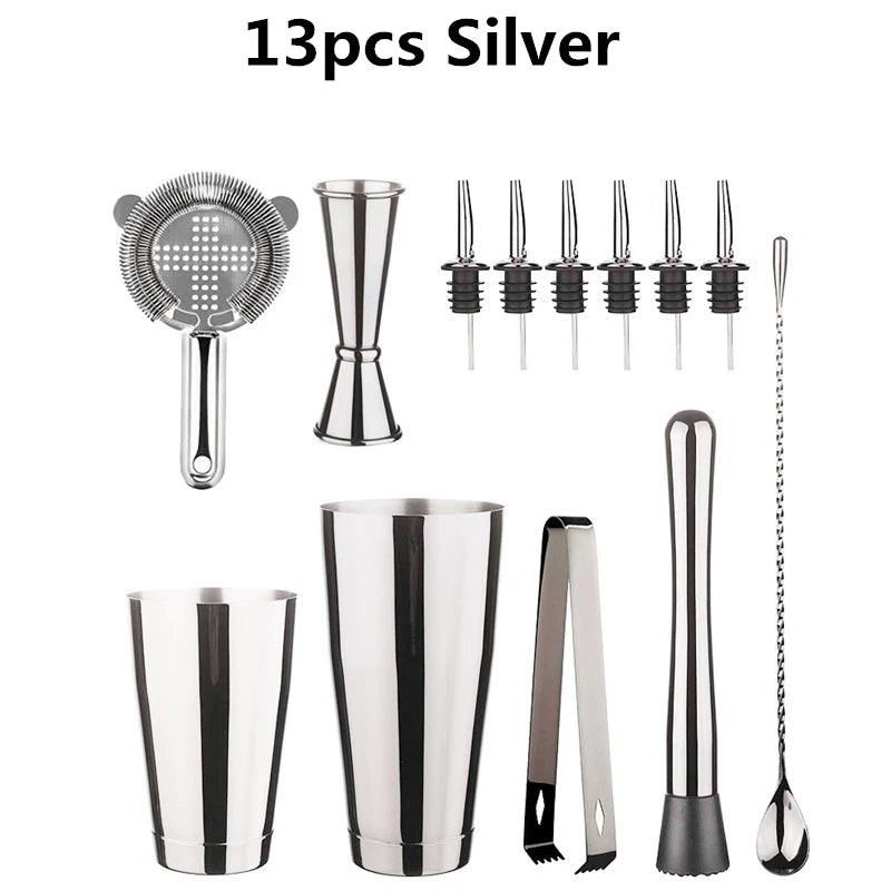 Cocktail Shaker Bar Set: 2 Weighted Boston Shakers,Cocktail Strainer Set,Jigger,Muddler and Spoon, Ice Tong and 2 Bottle Pourer